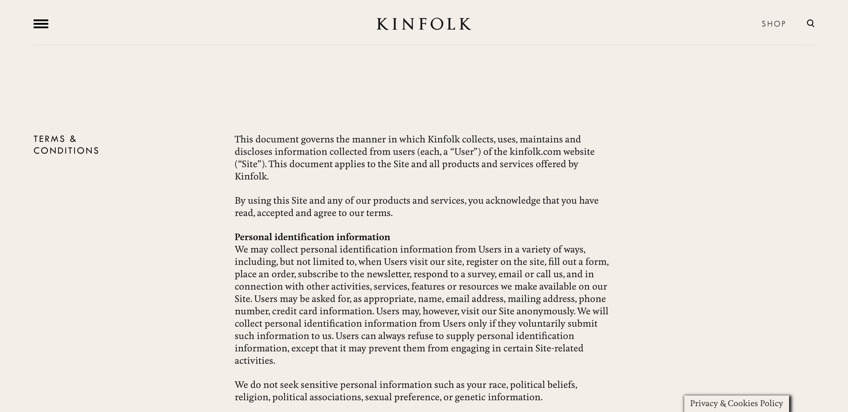 kinfolk terms and conditions page